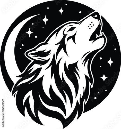 Howling wolf head silhouette with moon and stars, mystical night animal illustration, vector design symbolizing wilderness, nature, freedom and strength