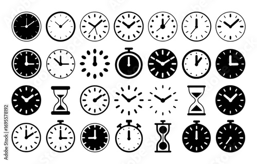 Collection of Clock and Hourglass Icons Representing Time