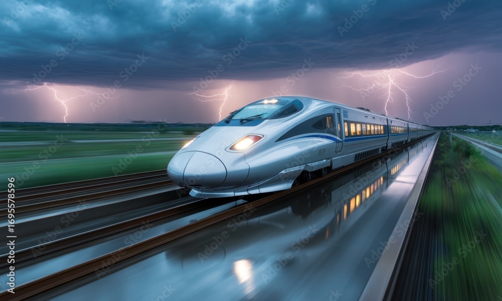 Fototapeta premium High speed bullet train racing on tracks under a dramatic stormy sky with lightning