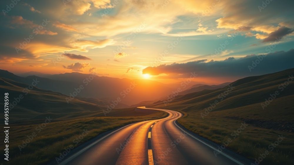 Fototapeta premium A winding road stretches towards a vibrant sunset over rolling hills and a cloudy sky horizon view