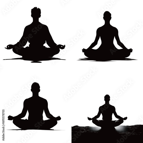 Individuals are shown in silhouette practicing meditation in four different poses.