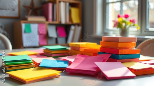 A cluttered desk with stacks of colorful sticky notes and a bookshelf in the background near window