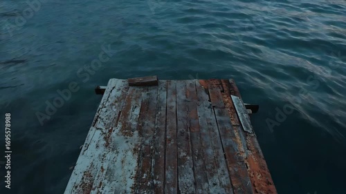Weathered Wooden Pier Overlooking Calm, Deep Blue Water at Dusk