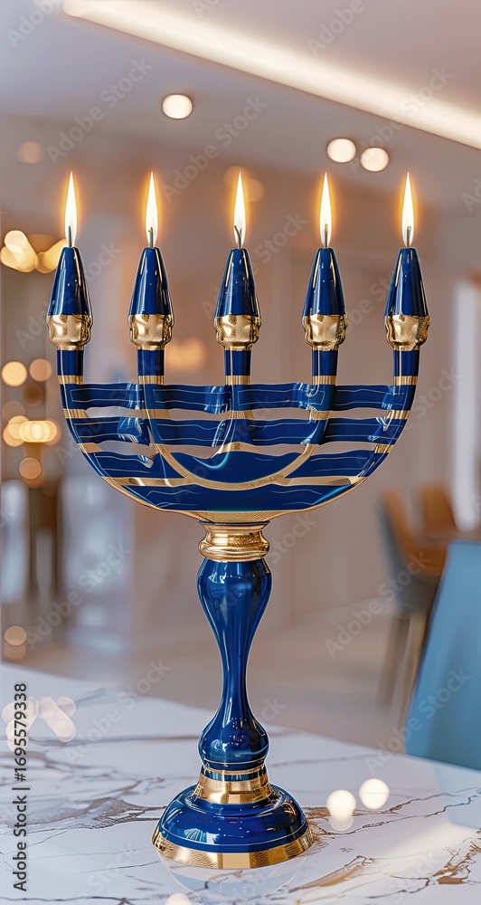 Fototapeta premium Elegant blue menorah with five lit candles, set on a marble table in a modern dining room