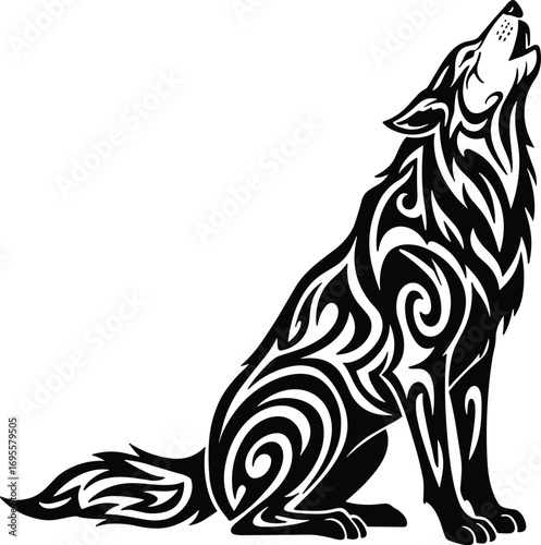 Tribal wolf illustration in howling pose with decorative swirl patterns, black and white tattoo style animal artwork vector design