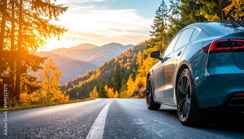 Modern car on scenic mountain road during sunset capturing automotive beauty