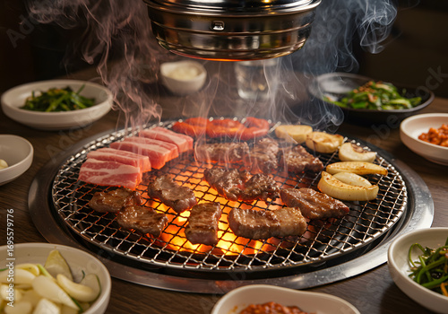 Grilled meat dishes on hot grill