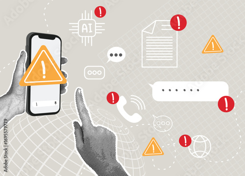 Fashion collage in halftone. AI and mobile security alert with virtual threat warning signs. Concept of data leakage, hacking attempt, malware risk, online security.