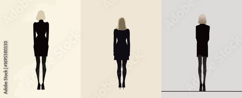 Three stylized silhouettes depict a woman wearing elegant dresses. The designs highlight chic postures and contrasting backgrounds, showcasing modern fashion aesthetics.