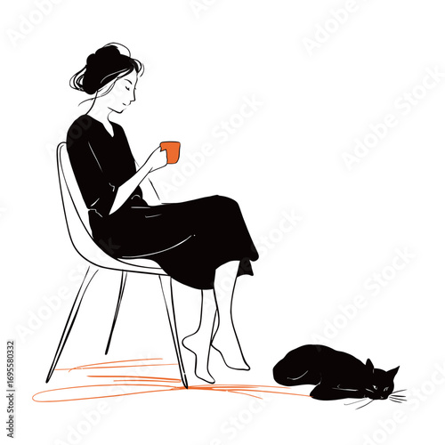 A woman enjoys a quiet moment while sipping tea in a chair. A black cat rests comfortably nearby, adding to the tranquil atmosphere of the morning.