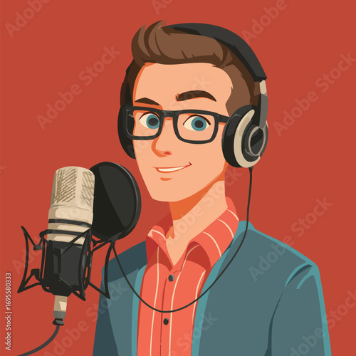 A young man appears cheerful as he sings into a microphone. He wears headphones and has a casual outfit, set against a bright orange background, creating an engaging atmosphere.
