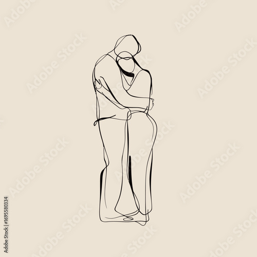 Two figures are depicted in an elegant line art style, embracing each other. The minimalistic design showcases a deep sense of love and intimacy between the couple.