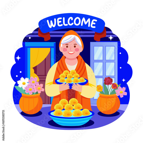 Flat style illustration depicting grandma sweets serving
