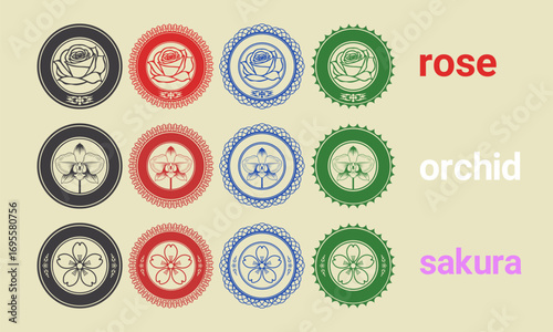 Vector set of badges, round icons. Collection of floral bank color seals. Flowers rose, orchid and sakura
