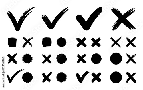 Collection of Hand-Drawn Checkmarks, Crosses, Squares, and Circles