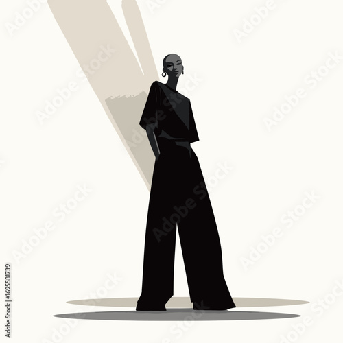 A figure exudes confidence in a black oversized outfit, posing with hands in pockets against a light background featuring soft shadows that enhance the minimalist aesthetic.