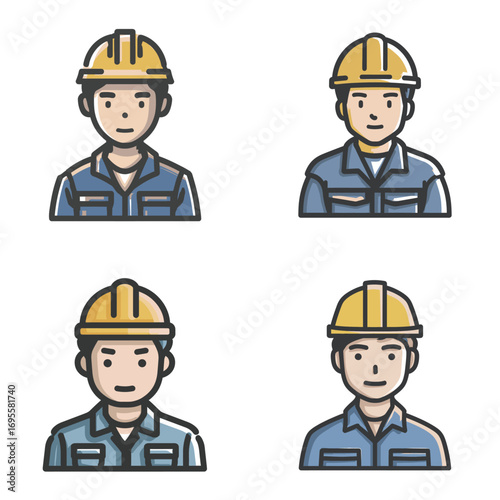 Four illustrations depict construction workers wearing safety helmets and uniforms. Each character showcases different expressions and actions common on construction sites.