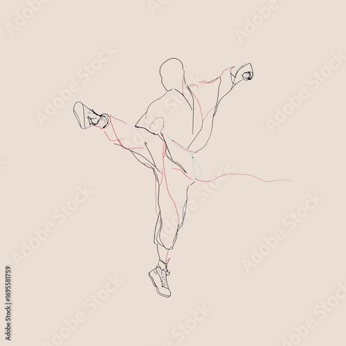 A figure performs a high kick in martial arts, showcasing agility and strength. The outline emphasizes movement, conveying energy and focus in a minimalist style.