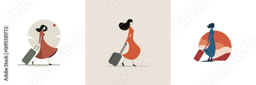 A woman dressed in a flowing gown is seen strolling with a suitcase. The backdrop features various artistic styles and colors, suggesting travel themes.
