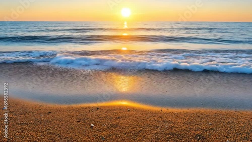 Golden sunrise reflecting on tranquil ocean waves washing ashore a sandy beach