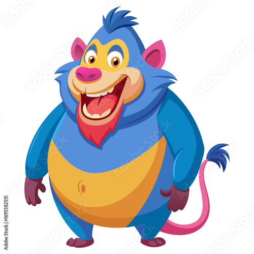 A vibrant 3D render of a cheerful, chubby Baboon cartoon character focusing on its stomach.
