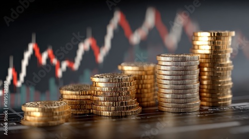 Stacked coins against the backdrop of a financial graph, symbolizing the power of compound growth and investment success. ..Created with Generative AI, not depicting real subjects.