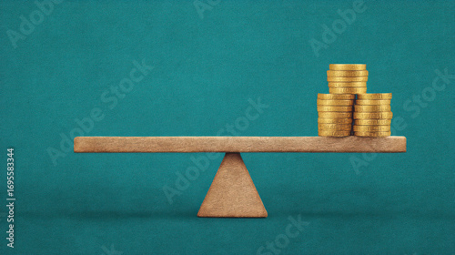 A minimalist image of a wooden balance scale with stacked gold coins on one side, against a textured teal background.