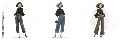 Three fashionable women display trendy outfits featuring high-waisted pants and stylish tops in a contemporary environment. Each look highlights individuality and elegance.