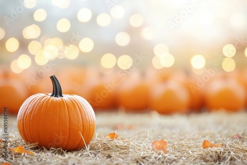 A vibrant pumpkin sits on hay, surrounded by a blurred background of glowing lights, capturing the essence of autumn.
