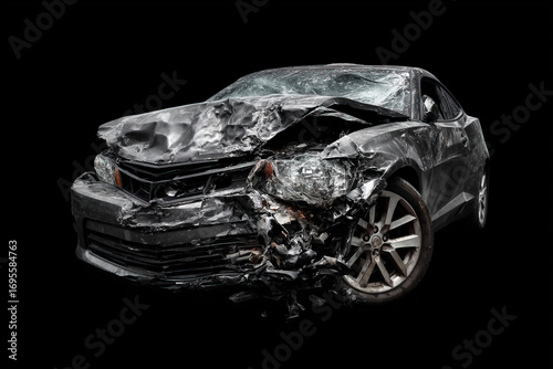 Car accident aftermath showcasing a damaged vehicle on a black background