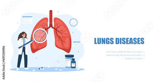 Lungs diseases. Pulmonologist concept. Female doctor with large magnifier examines internal organs. Vector illustration in flat cartoon style.