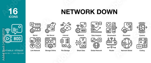Network Down icon set. Includes network, down, internet, web, technology, and More. Editable Stroke Icon Collection.