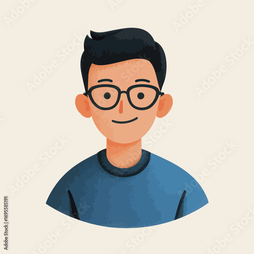 A young man with dark hair and glasses is smiling in a digital illustration. His casual blue shirt and friendly demeanor create a welcoming atmosphere for the viewer.