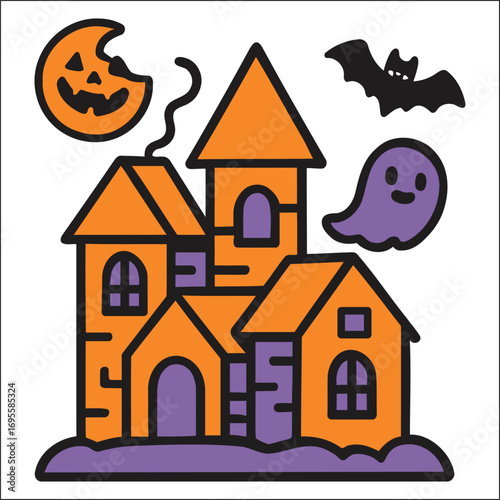 Spooky haunted house with moon ghost and bat for halloween celebrations