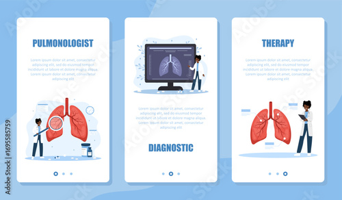 Pulmonology banner set. Lungs exam and treatment. African Female pulmonologist make diagnosis and choose therapy. X ray and fluorography concept. Vector illustration in flat cartoon style.