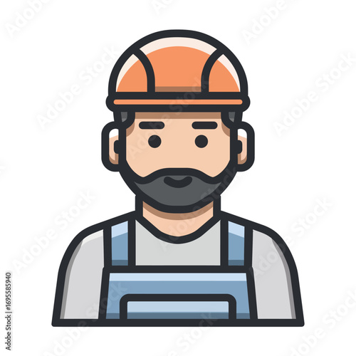 A construction worker is depicted with a friendly expression, wearing an orange hard hat and blue overalls, symbolizing safety in the workplace.