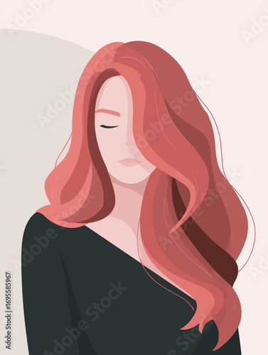 A woman with long, wavy red hair is depicted in a stylish minimalist portrait. She appears serene, with her eyes closed, and wears a black outfit that enhances her beauty.
