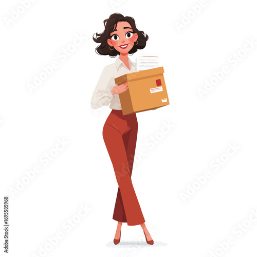 Woman with curly hair smiles while holding a delivery box at her workplace. She wears a smart outfit with a confident stance, embodying positivity and readiness.
