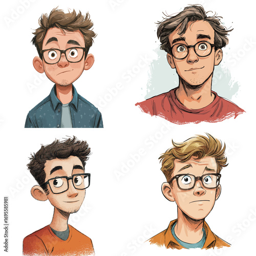 Four animated characters showcase different styles, expressions, and hairstyles. Each character has glasses and a unique look, presenting youthful personalities.