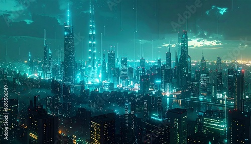 Abstract teal city lights background with digital interface overlay. Showcasing technological advancement and modern urban life. Ideal for tech or futuristic concepts. Detailed high quality image.