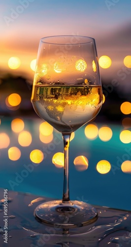 A close-up of a wine glass filled with white wine, reflecting bokeh lights by a pool at sunset