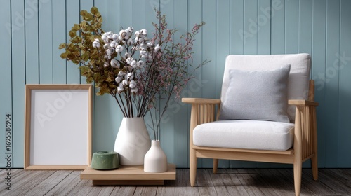 An aesthetic interior with armchair, wooden table, flower vase. Beautiful, art, and cozy