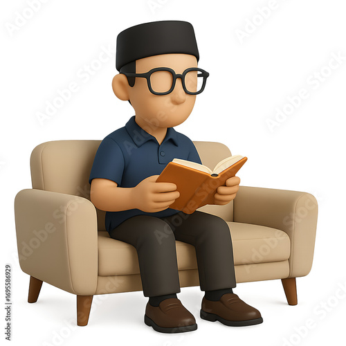 Cartoon Man Wearing Black Hat Glasses Reading Book Sitting on Couch