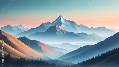 Misty mountain landscape with soft color gradients.