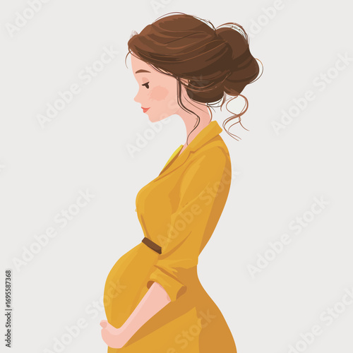 A pregnant woman in a yellow dress gently holds her baby bump. Her relaxed expression and stylish hairstyle reflect joy and anticipation in a calm setting.