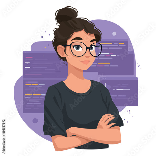A confident young woman stands with arms crossed, wearing glasses and a casual shirt, with a computer background showing code. The atmosphere feels creative and tech-focused.