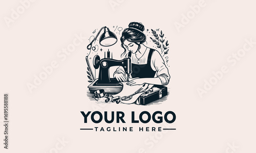 A vintage illustration of a woman sewing at a table with a classic sewing machine.