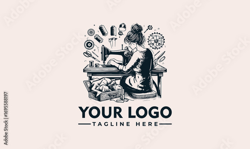 A woman meticulously sews at a vintage sewing machine, surrounded by tools.