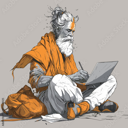 An elderly sage dressed in vibrant orange clothing sits cross-legged, deeply focused on writing in a notebook. The peaceful atmosphere enhances his meditative state.