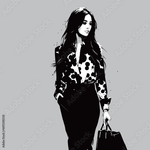 A fashionable woman strolls through an urban backdrop, wearing a polka dot shirt and sleek black pants. She carries a handbag, exuding confidence and style.